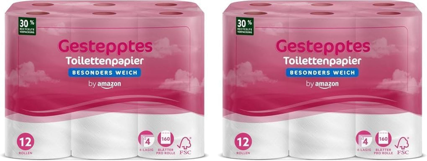 By Amazon Hârtie igienică, 4 straturi matlasate, extra moale, 48 de role (12 role, pachet de 4), 160 de foi pe rolă, certificată Fsc
