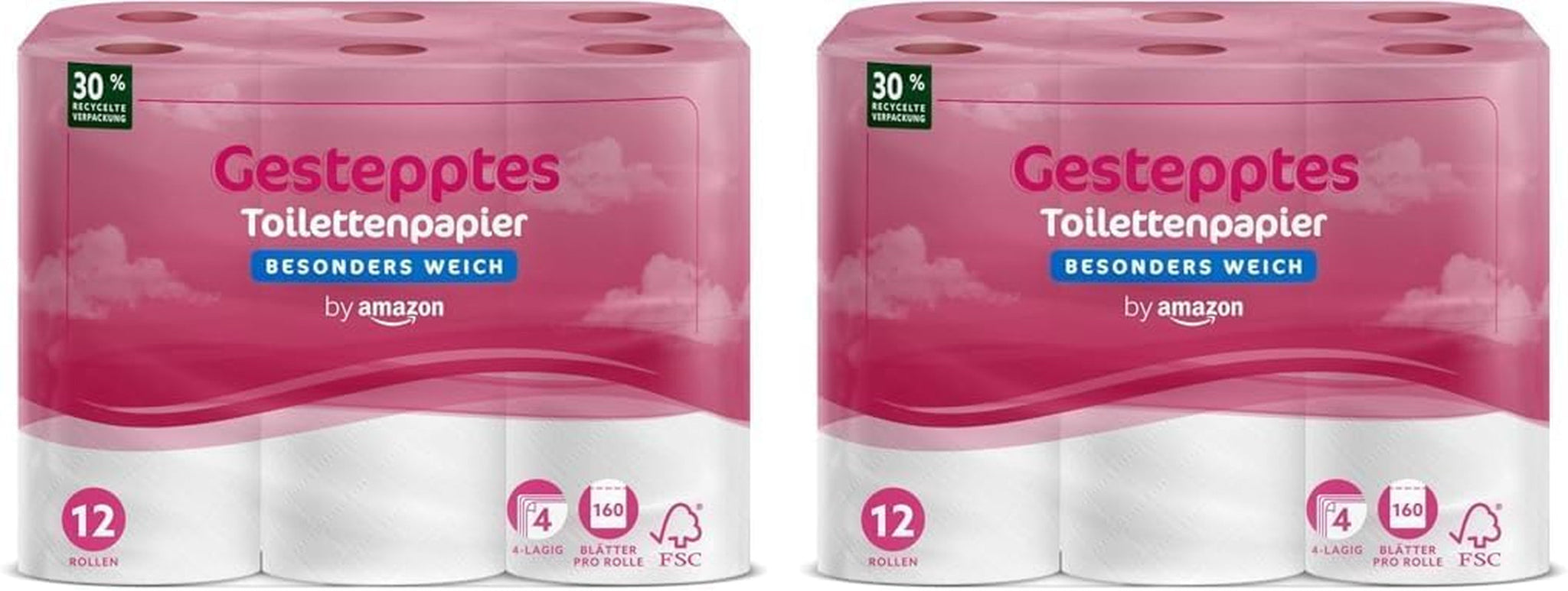 By Amazon Hârtie igienică, 4 straturi matlasate, extra moale, 48 de role (12 role, pachet de 4), 160 de foi pe rolă, certificată Fsc