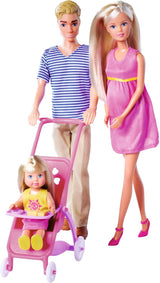 Simba 105733673 - Steffi Love Happy Family, Păpușă însărcinată, Kevin, Evi și bebeluș cu cărucior, 11 piese, accesorii, 30 cm, vârste 3+