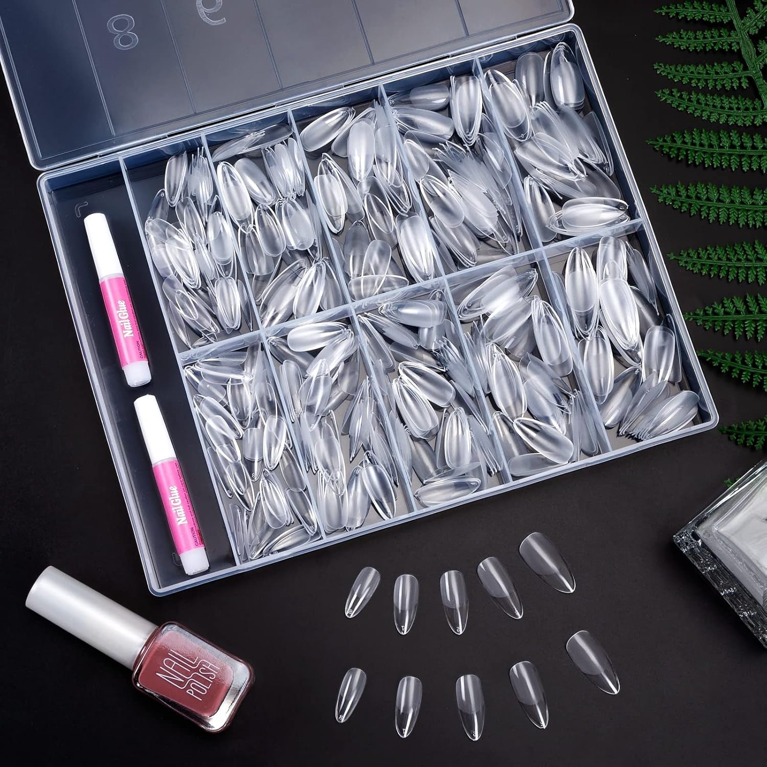 Becellen 500 bucăți vârfuri unghii artificiale, vârfuri unghii cu gel moale, acoperire completă, vârfuri pentru unghii cu gel, unghii artificiale pre-lustruite, set unghii cu lipici pentru nail art DIY (migdale)