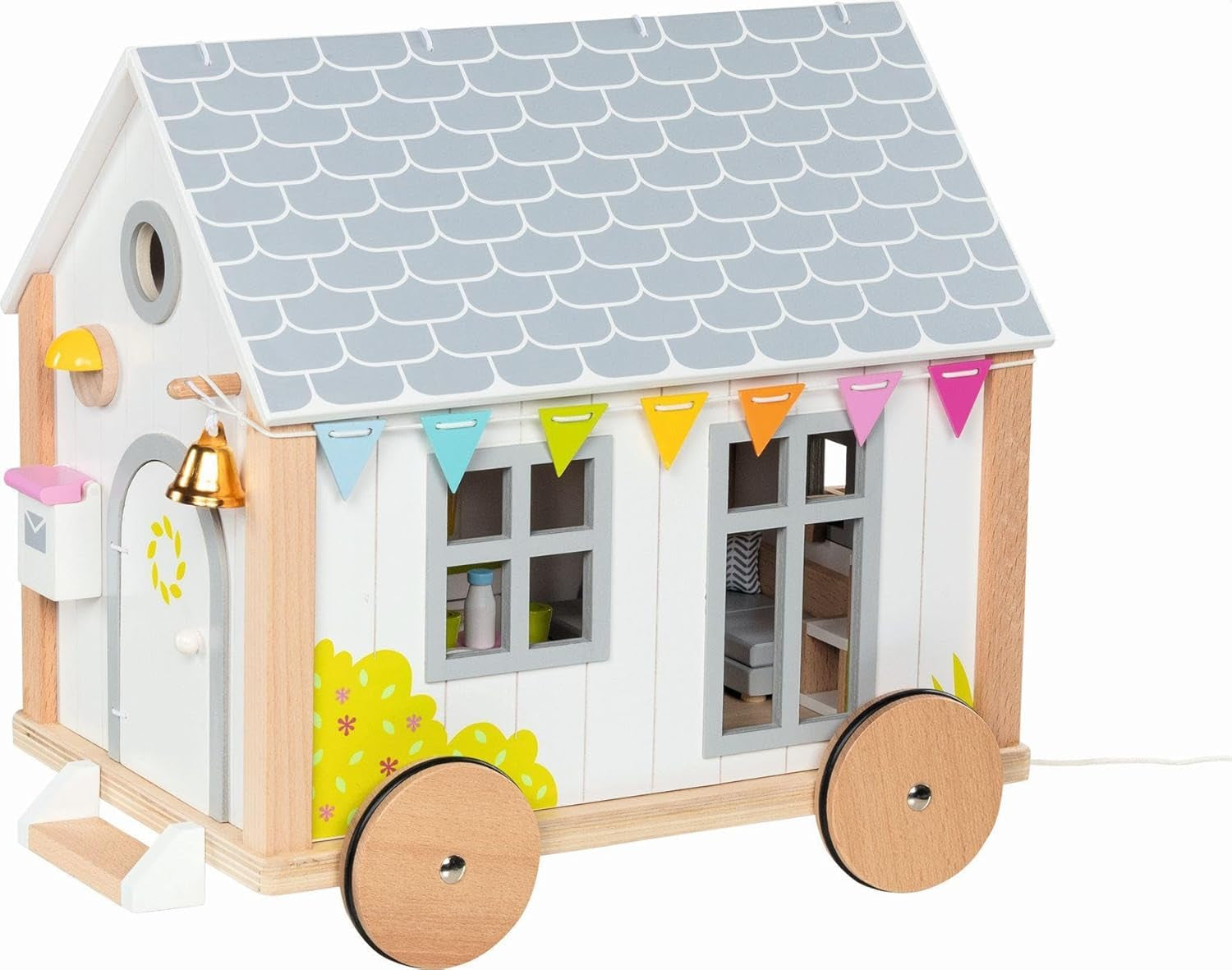 Goki 51477 - Casă mică Hygge din lemn și textile pentru păpuși mini, casă de păpuși mobilă în stil scandinav, 38Cm X 27Cm X 33Cm, set de 40, de la 3 ani Casute de papusi Naty Shop