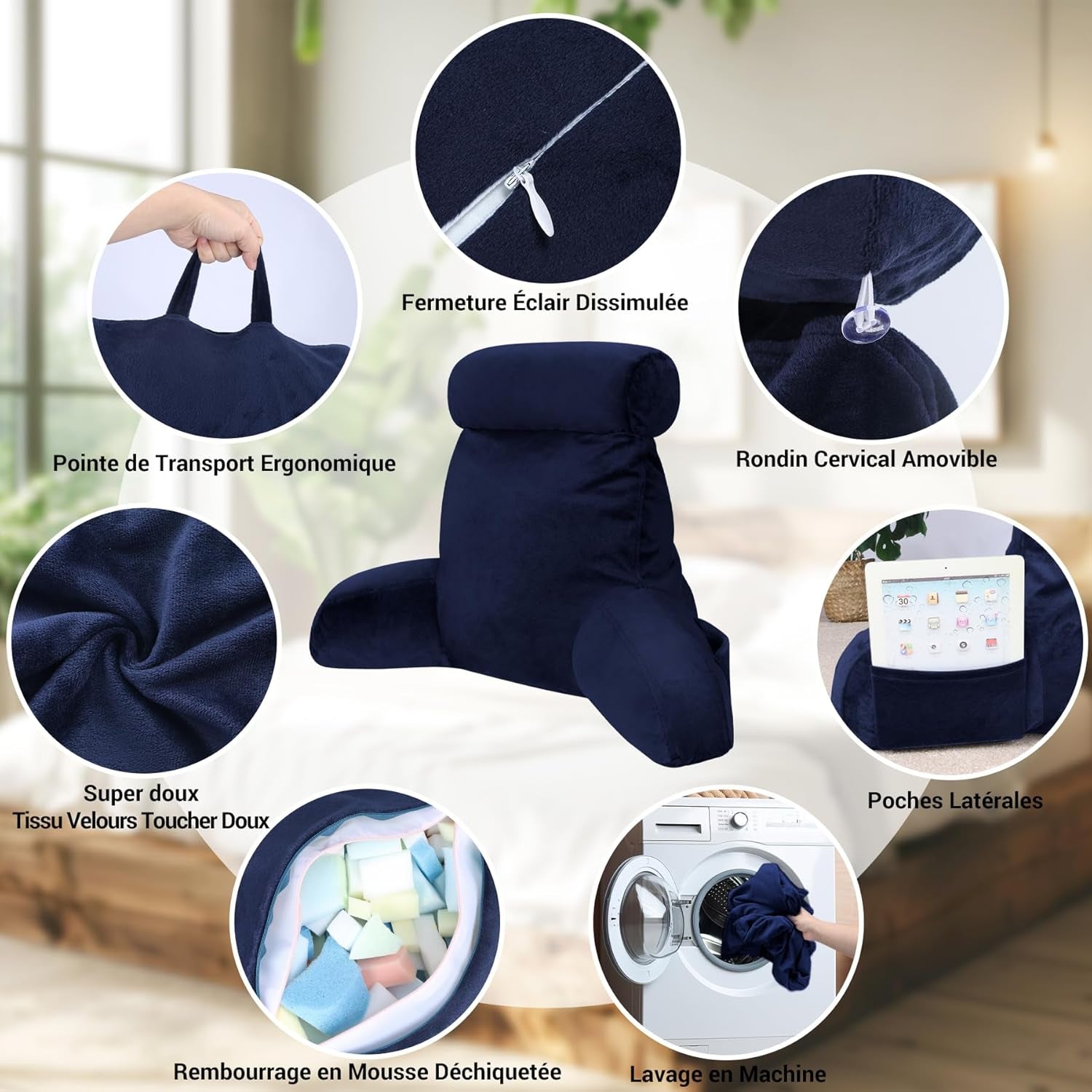 Pernă ergonomică pentru citit INFANZIA cu cotiere, suport pentru spate, bleumarin