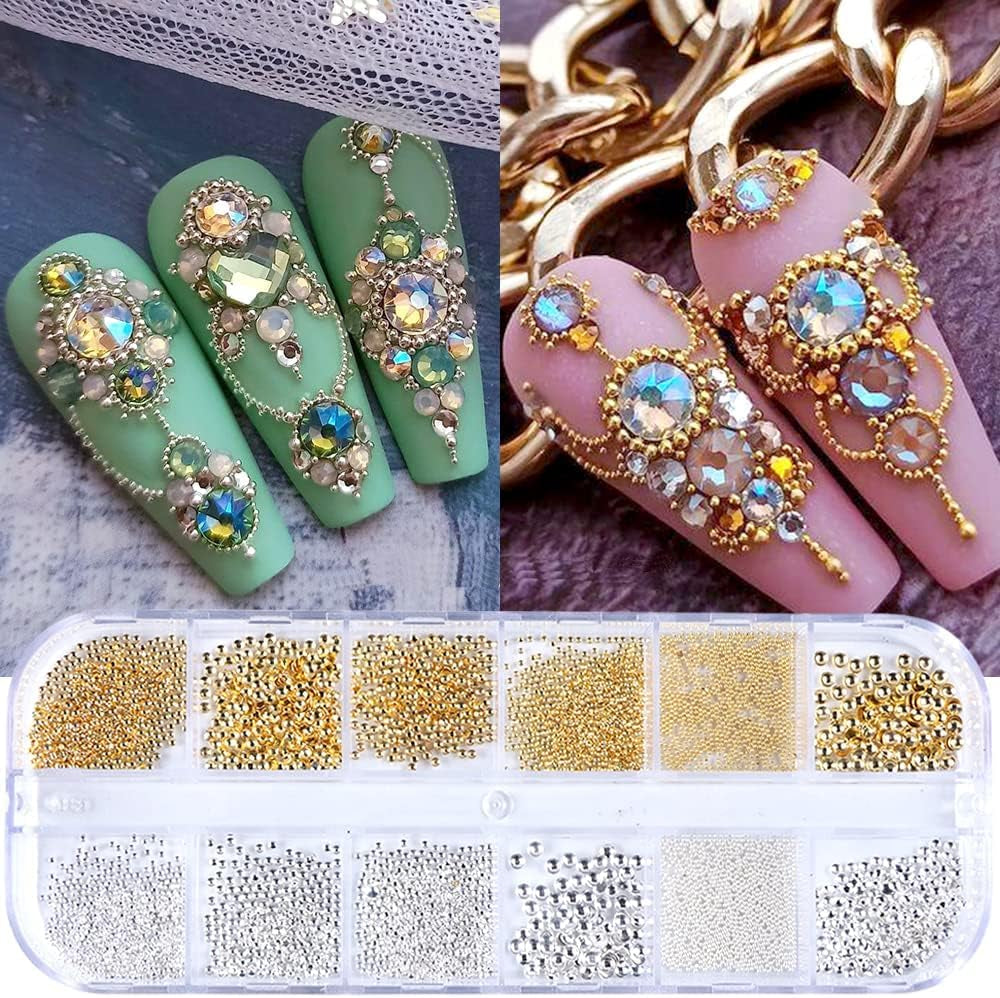 GZMAYUEN Nailart Perlen Micro Kaviar Für Nägel, 0.3-3Mm Goldene Silber Mini Kaviar Strasssteine, Weiß Beige Mini Nägel Perlen Mikroperlen Dekor Für Nägel