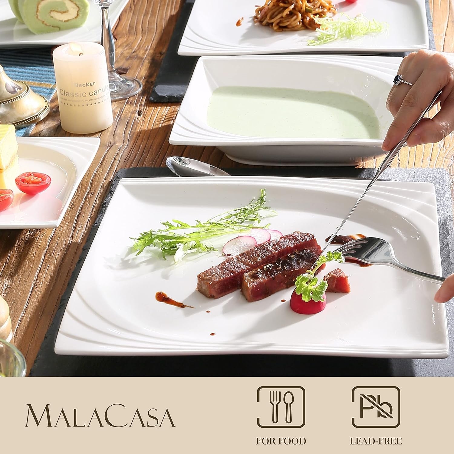 MALACASA, Seria Monica, Set de veselă pentru 12 persoane, Porțelan alb-crem, Serviciu combinat cu 12 cești de cafea, 12 farfurioare, 12 farfurii de desert, 12 farfurii de sumă și 12 farfurii de cină