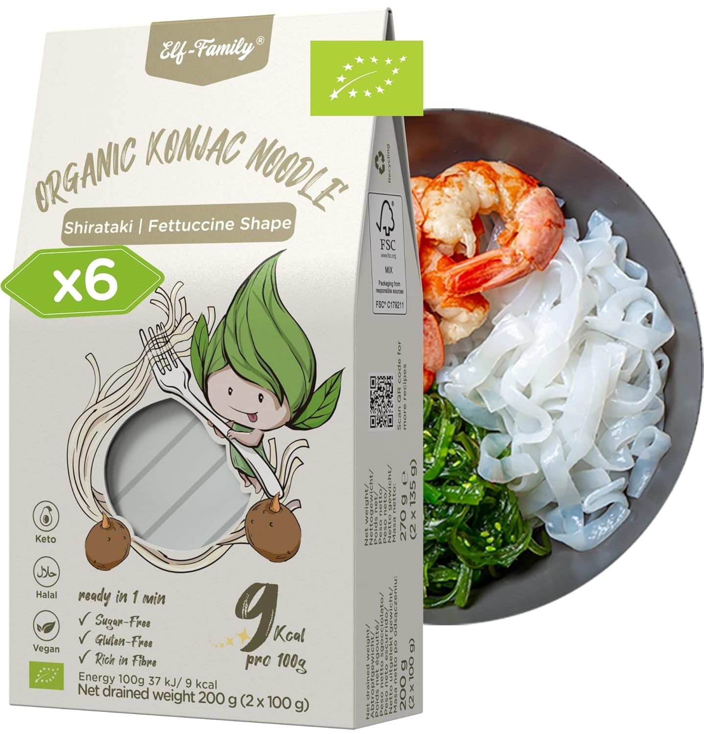 Elf-Family 270g x6er Box(12 pack) Bio Konjak Nudeln Ultra Low Carb Shirataki Nudeln Vegan Glutenfrei-Instant Nudeln ohne kohlenhydrate/Keto/Kalorienarme/Fettfrei/Zuckerfrei -Spaghetti MHD: 12/11/2026