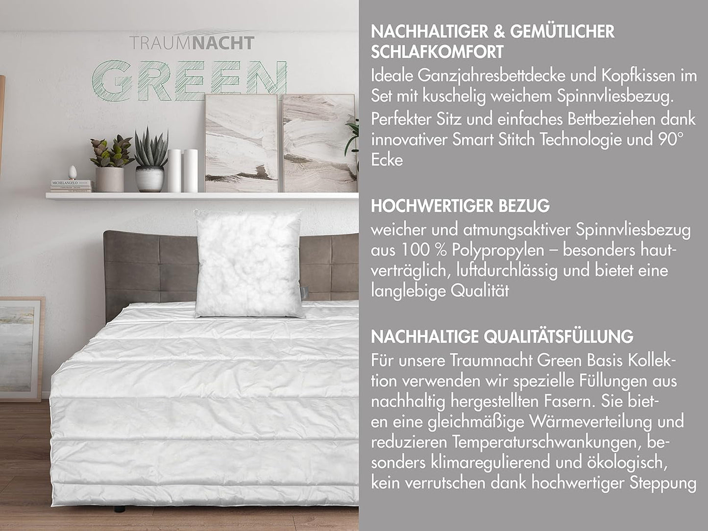 Set de pat de bază Traumnacht Green format dintr-o plapumă pentru tot anul, 135 X 200 cm + pernă 80 X 80 cm, certificat Oeko-Tex, produs în conformitate cu standardul de calitate german Plapumi si pilote Naty Shop