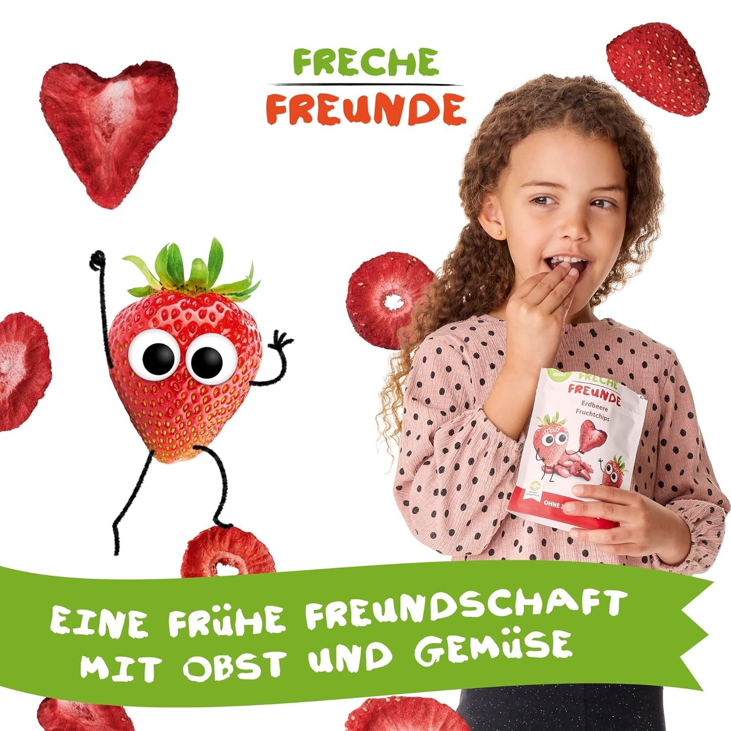 FRECHE FREUNDE Chipsuri de fructe cu căpșuni organice, chipsuri de fructe liofilizate, fructe uscate feliate naturale fără zahăr adăugat, vegane, fără lactoză, fără gluten, pachet de 12 (12 x 12g)
