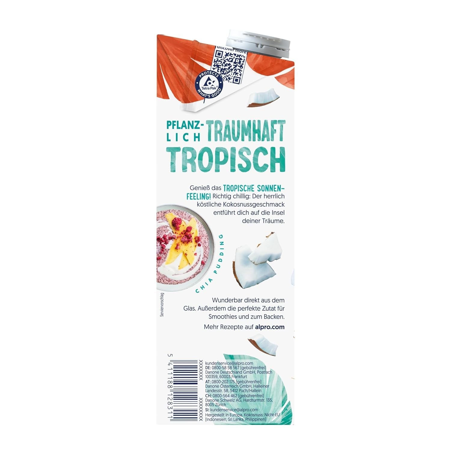 Alpro Kokosnussdrink ohne Zucker – Ohne Süßstoffe – Vegan und milchfrei – Von Natur aus laktosefrei und fettarm – Reich an Calcium und Vitaminen – 8 x 1 L