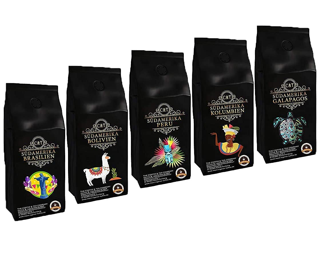 Länder Kaffee Set " Südamerika ", Kaffeebohnen frisch geröstet 5 x 500 g ganze Bohne