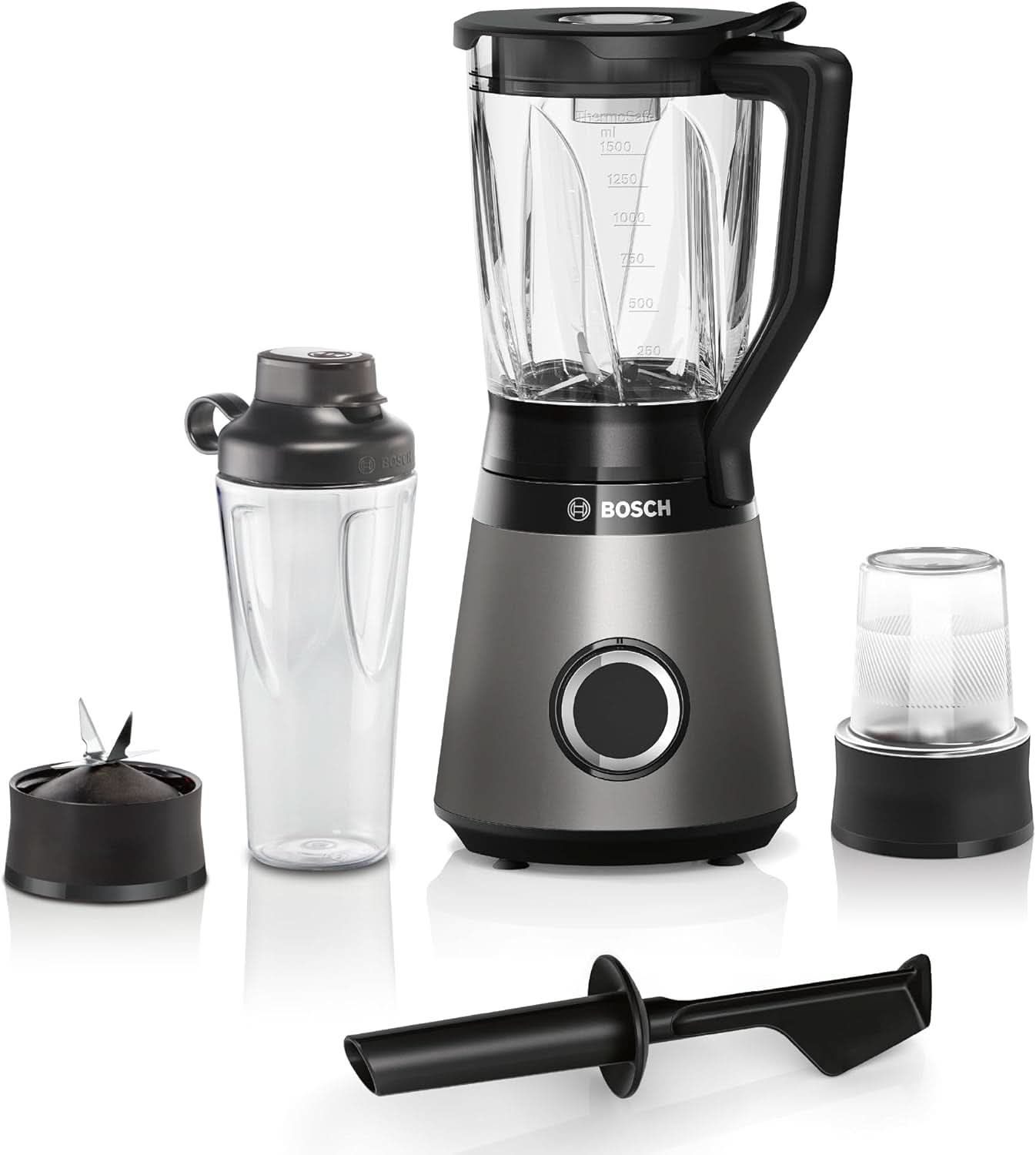Bosch Standmixer Vitapower Serie 4 MMB6177S, Edelstahl-Klingen Made in Germany, 1,5L Thermosafe Glasbehälter, 0,6L To-Go-Flasche, Stopfer, Universalzerkleinerer, 30,000 U/Min, 1200 W, Silber Bucatarie Naty Shop