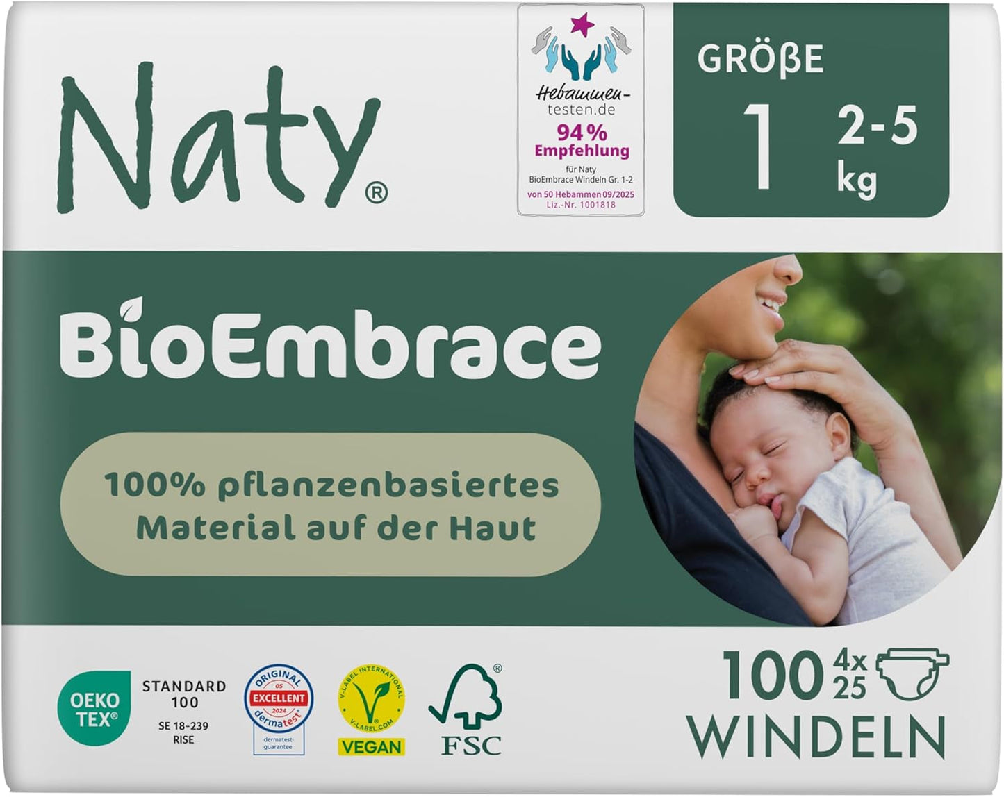 Scutece pentru bebeluși Naty BioEmbrace, mărimea 5 (11–25 kg) | 100% materiale pe bază de plante, delicate cu pielea | Moliciune respirabilă, testate dermatologic, absorbție excelentă | 80 buc.