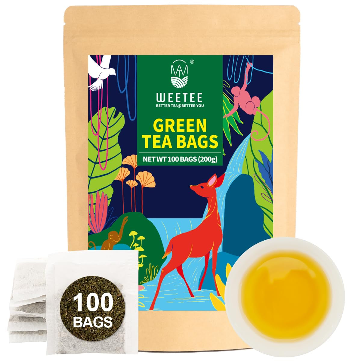 WEETEE Pliculețe de ceai verde, 100 bucăți Pliculețe de ceai verde, ceai verde pur, super antioxidant | Pliculețe resigilabile | Preparare fierbinte sau rece