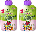 biozentrale BioKids Piure de fructe Măr Banană Zmeură Ovăz | 12 x 90g | Gustare fructată fără zahăr adăugat | Vegan (Pachet de 2)