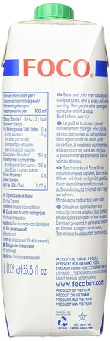 FOCO Apă de nucă de cocos organică, pură, răcoritoare, băutură sport, 100 % apă de nucă de cocos - 6 X 1 litru Naty Shop