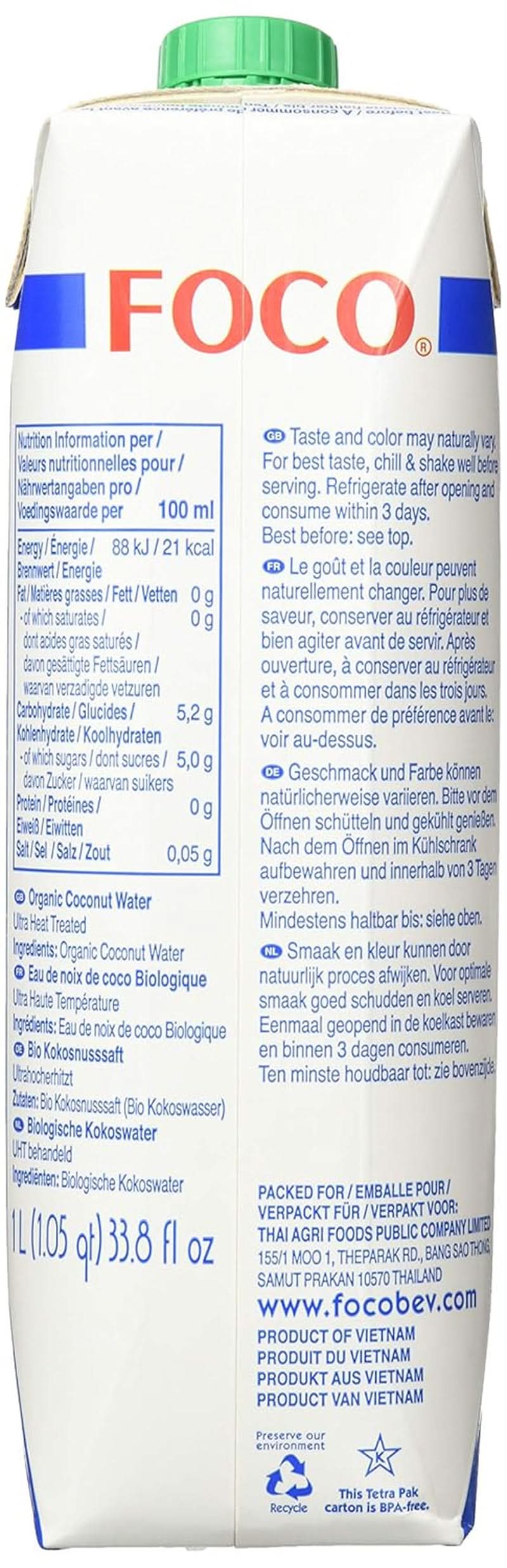FOCO Apă de nucă de cocos organică, pură, răcoritoare, băutură sport, 100 % apă de nucă de cocos - 6 X 1 litru Naty Shop