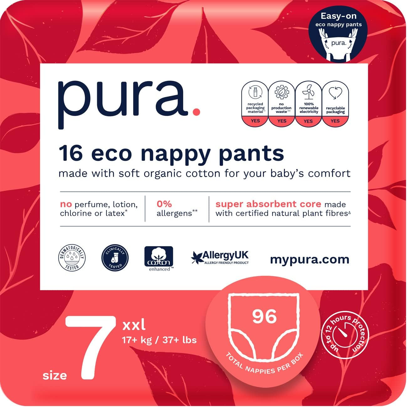 Chiloți ecologici, mărimea 7 (17 kg+), 16 bucăți, lenjerie intimă de unică folosință pentru piele sensibilă și alergică, fără parfum, extragere laterală