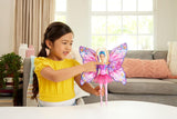 Păpușă Barbie Dansatoare și Fluture cu transformare 2 în 1 din Dansatoare în Fluture cu Aripi care se Deschid, Păr Mov, Accesorii de Păr și Tutu Detașabil, HXJ10