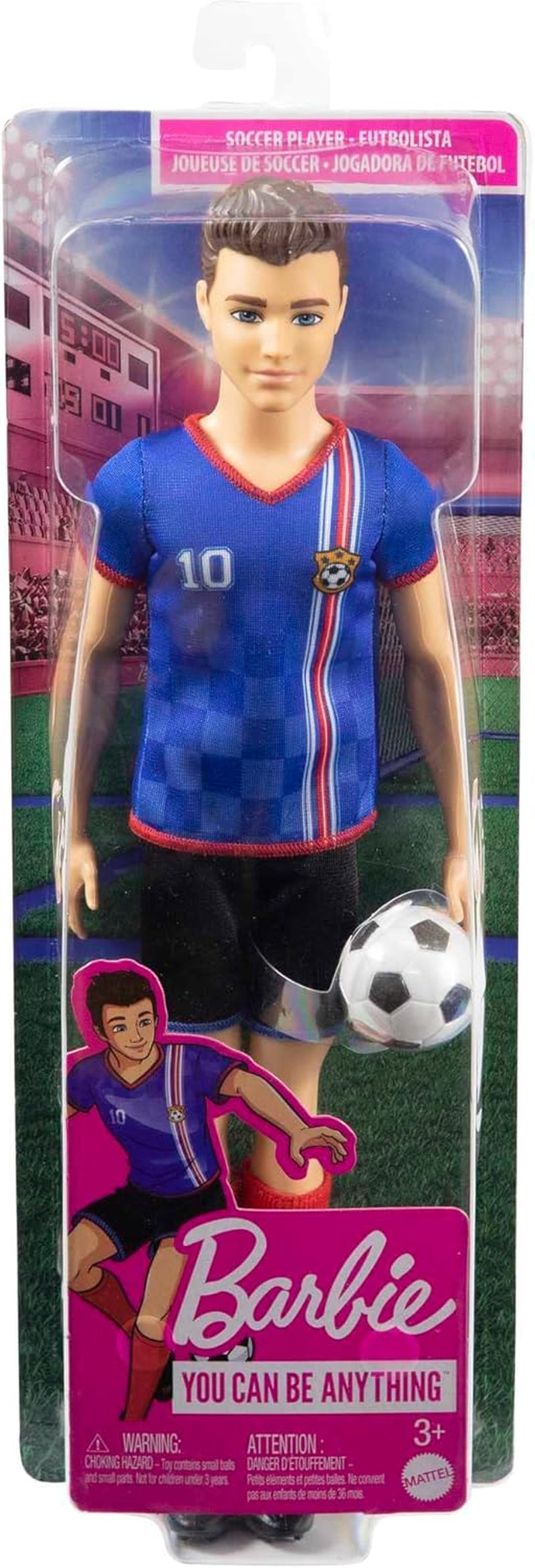 Barbie You Can Be Anything Series, Păpușă Ken Fotbalist, Păpușă Ken cu păr șaten, tricou albastru, fotbal, 1X Păpușă Ken Fotbalist, cadou pentru copii, jucării de la 3 ani, Hcn15 Papusi Naty Shop