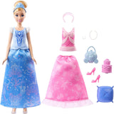 Jucării Mattel Disney Princess, păpușă Cenușăreasa la modă cu 2 ținute, 9 accesorii, 2 topuri cu clipsuri și 2 fuste. Povești 2 în 1 inspirate din filmul Disney, JCR95