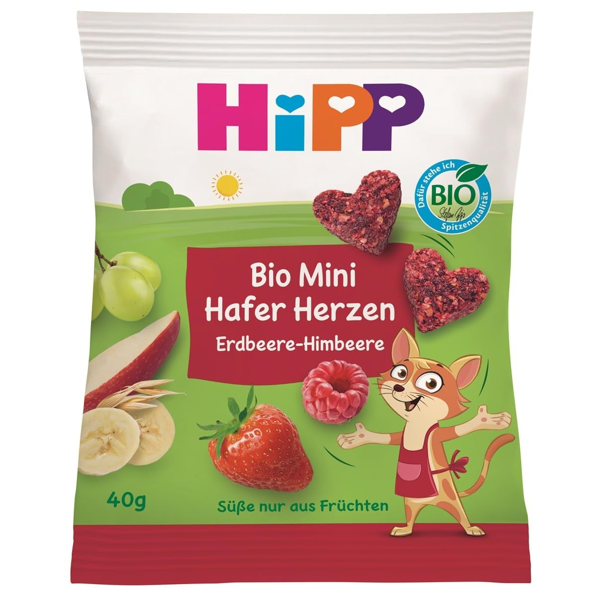 HiPP Mini Inimi de Ovăz Căpșuni-Zmeură (12 x 40g), de la 1 an, baton-snack organic în formă de inimă, cu conținut ridicat de cereale și fibre, îndulcit doar din fructe, de cea mai bună calitate organică