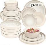 SÄNGER Key West | Set de veselă din gresie, 24 de piese, set de farfurii pentru 6 persoane, 6 farfurii de cină, boluri pentru cereale, farfurii pentru desert, boluri pentru paste, veselă de culoare crem cu textură nisipoasă | COLECȚIA VALUE