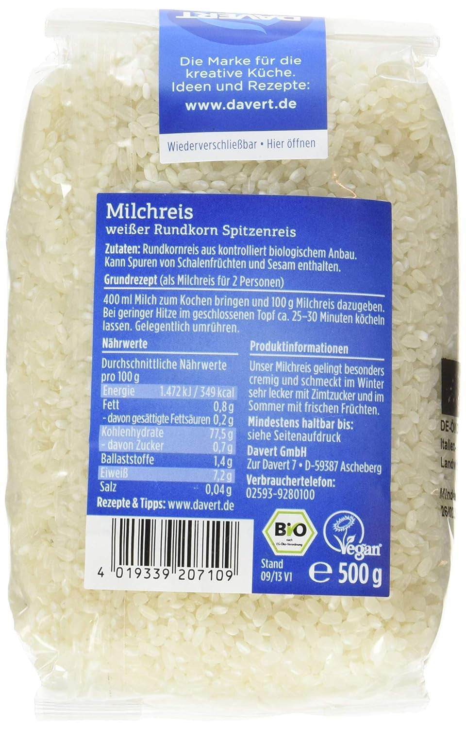 Budincă de orez Davert (1 x 500 g) - Bio
