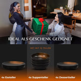 Set de veselă din gresie, format din 12 piese – Prairie Line – design elegant în tonuri de maro/negru, set format din 4 farfurii de cină, 4 farfurii de desert și 4 farfurii de sumă/Colecția Premium