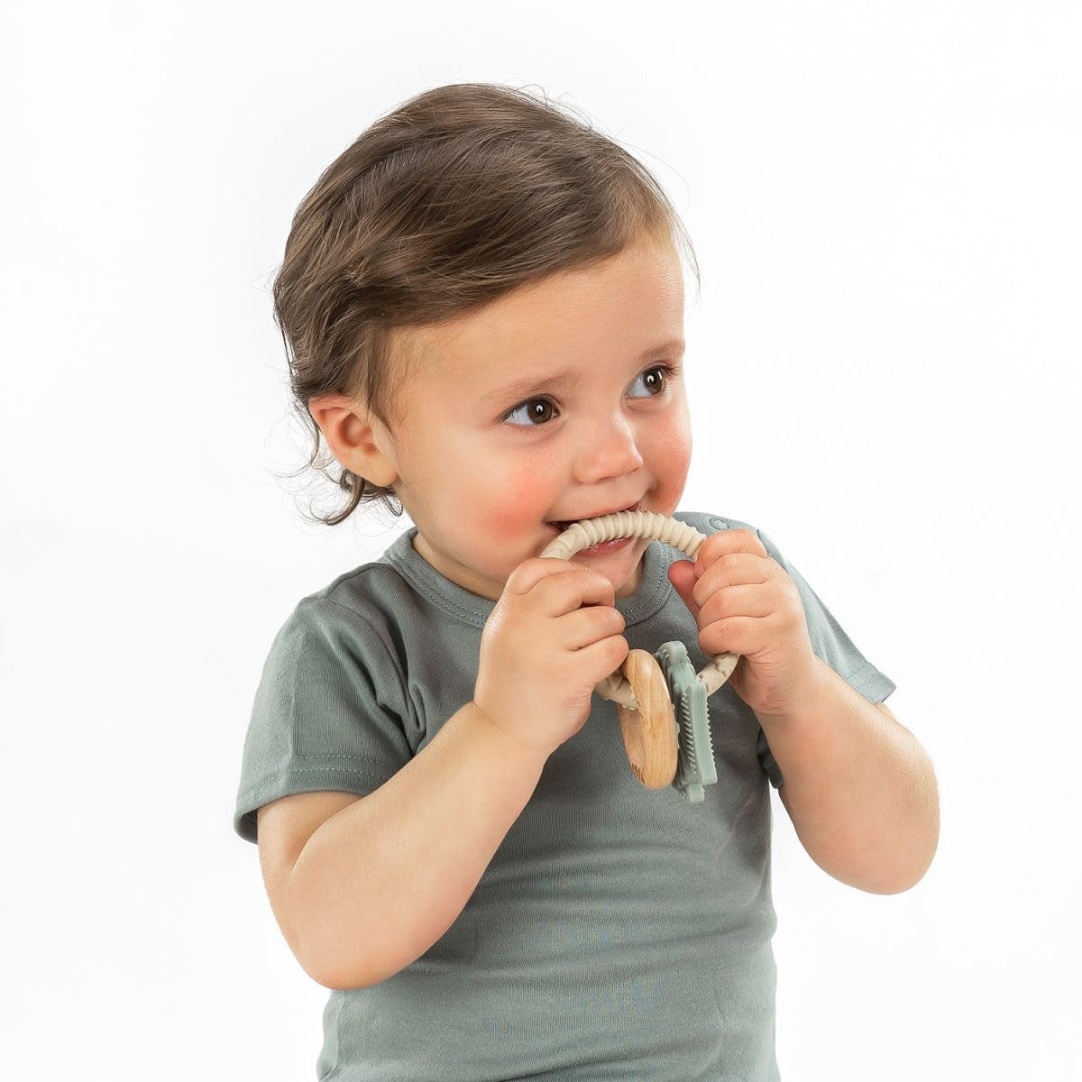 reer BiteDuo | Inel de dentiție din silicon și lemn pentru bebeluși | Ajutor pentru dentiție | Jucărie cu motor