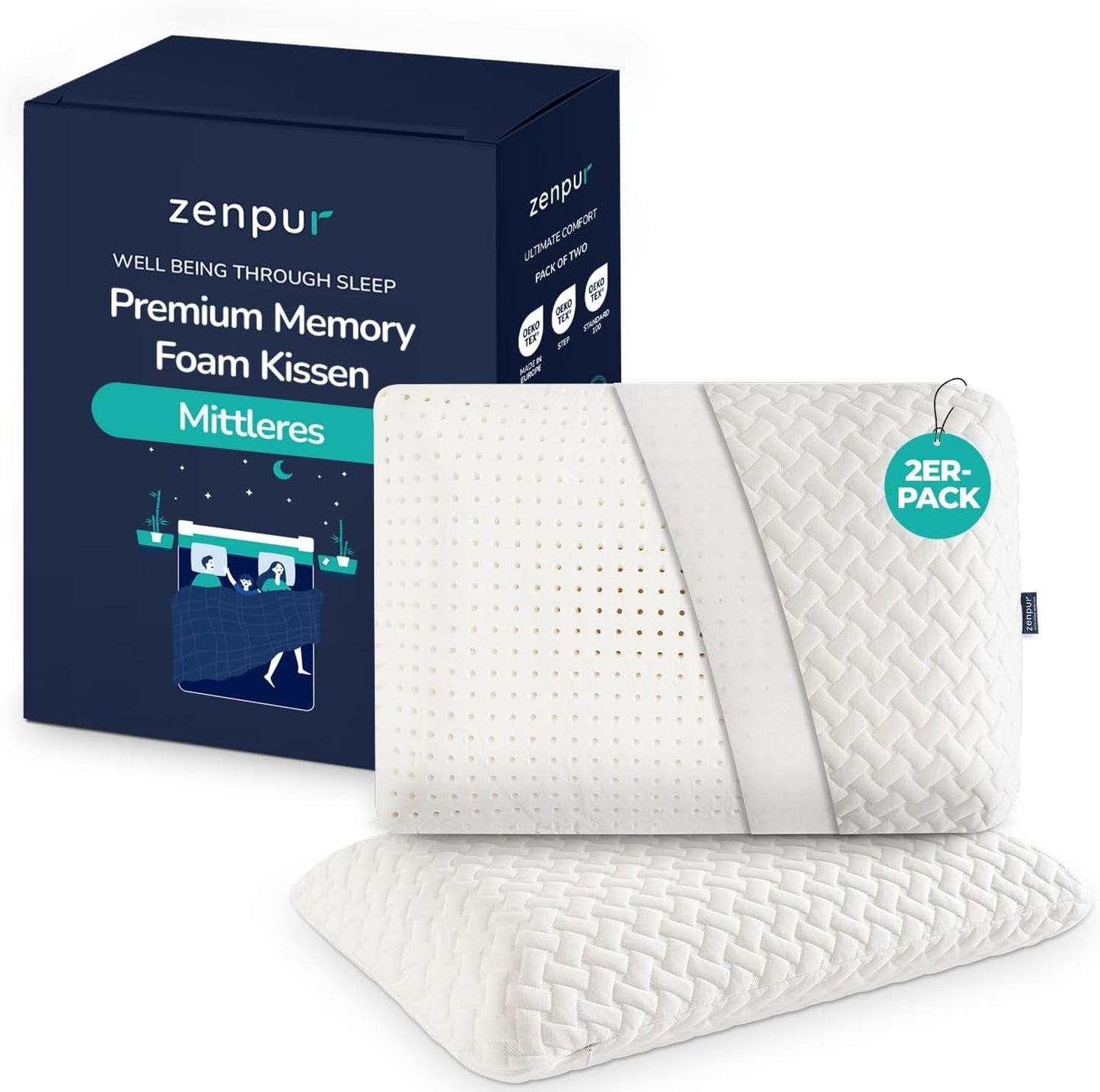 Pernă ortopedică pentru gât ZenPur 40x60-13cm, pernă pentru cap din spumă cu memorie - pernă ergonomică pentru somn, pentru gât și umeri, certificată Oeko-TEX