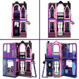 Casă de păpuși Monster High Buh-tique Hotel, set de joacă pliabil cu surprize înfricoșătoare în fiecare cameră și peste 13 piese de joacă, inclusiv mobilier și accesorii, JBF16