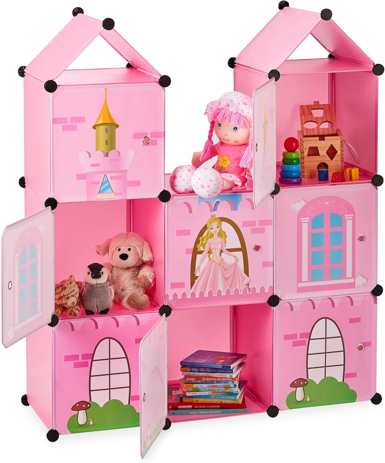 Raft modular Relaxdays pentru camere de copii, design castel prințesă, plastic, dulap DIY cu uși, HL: 128 x 110 x 37 cm, roz