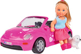 Simba 105731539 - Evi Love Beetle-ul lui Evi, Evi cu mașină, mașină: 22 cm, cu câine, păpușă de modă, 12 cm, pentru copii cu vârsta de la 3 ani în sus