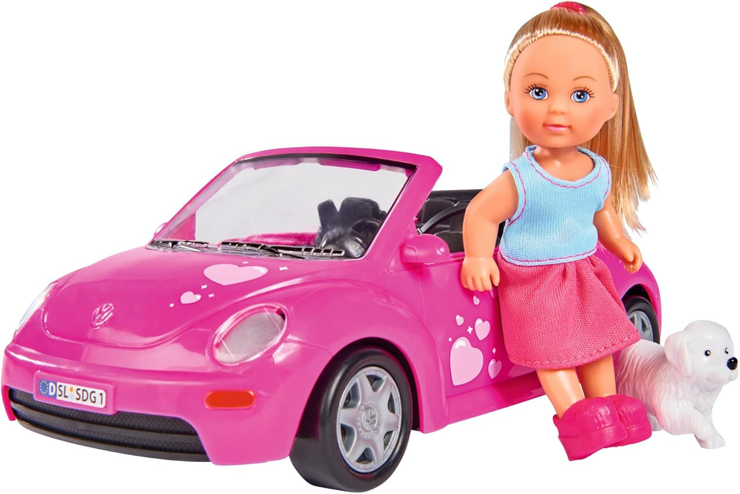 Simba 105731539 - Evi Love Beetle-ul lui Evi, Evi cu mașină, mașină: 22 cm, cu câine, păpușă de modă, 12 cm, pentru copii cu vârsta de la 3 ani în sus