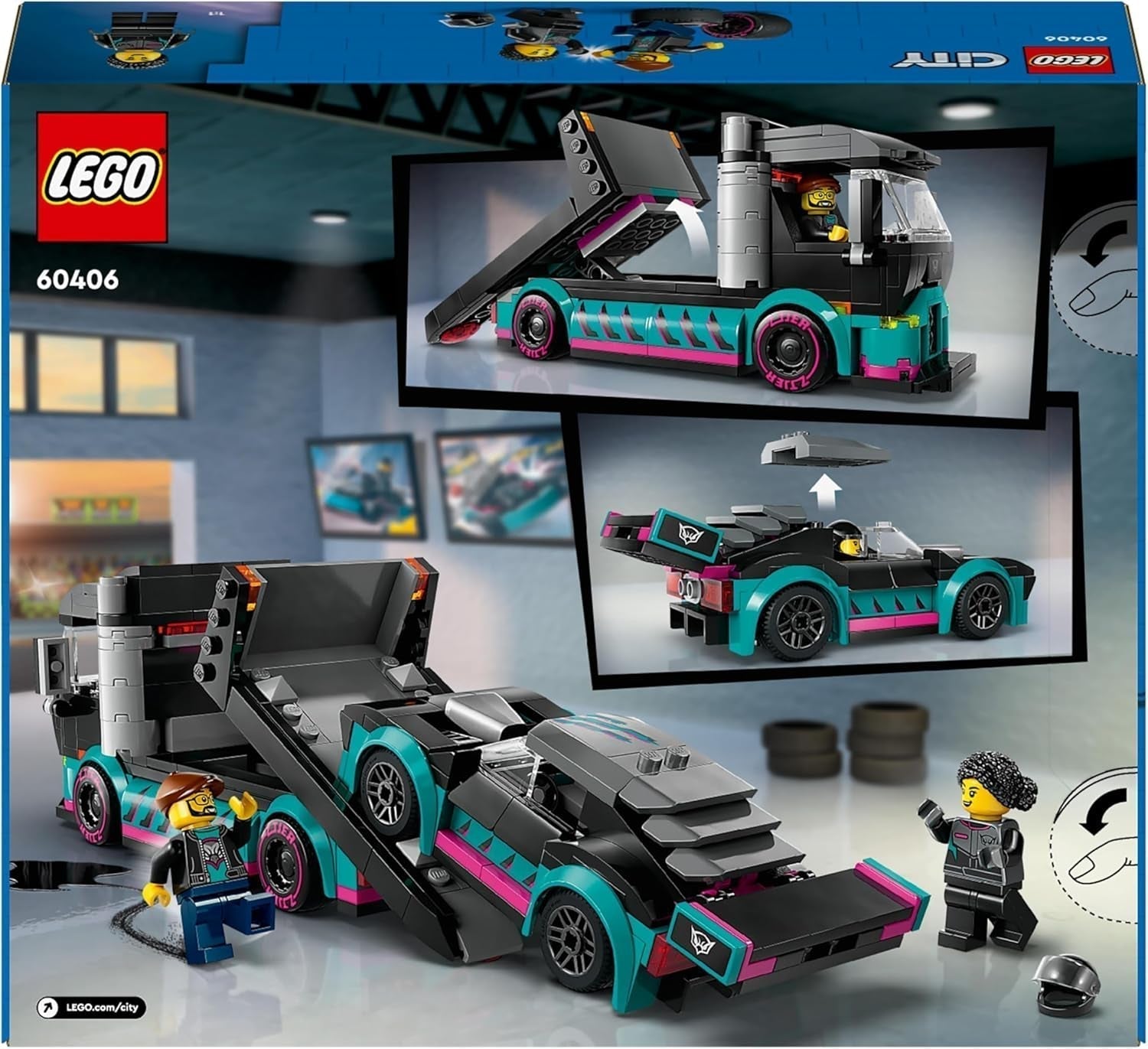 LEGO City Car Transporter cu mașină de curse, camion jucărie cu rampă de încărcare reglabilă și mașină de curse, set de construcție cu 2 minifigurine, șofer de curse și șofer de camion, copii de peste 6 ani 60406 Seturi de constructie Besuche den LEGO-Store