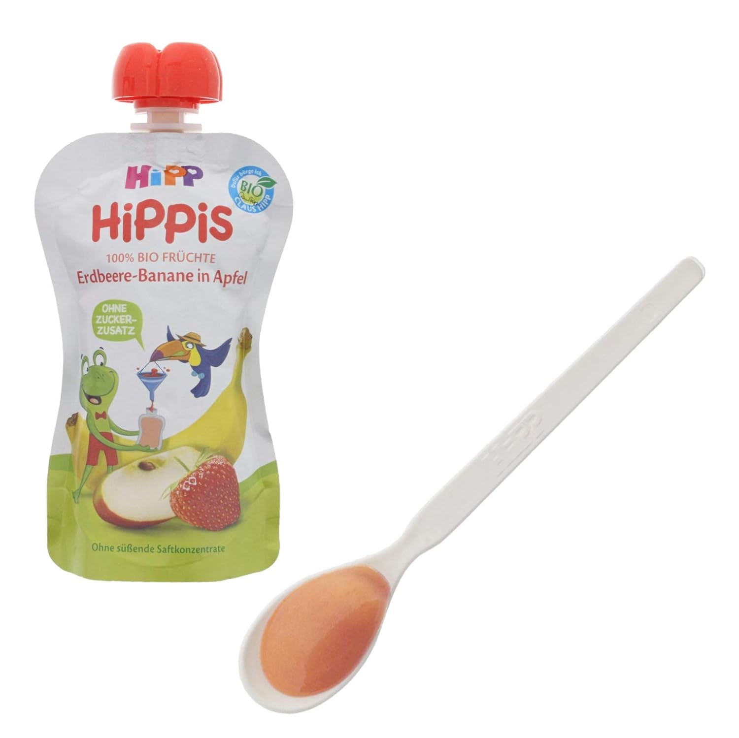 HiPP Organic pentru Copii HiPPiS Căpșuni-Banană în Măr - Theo Toucan, 100g