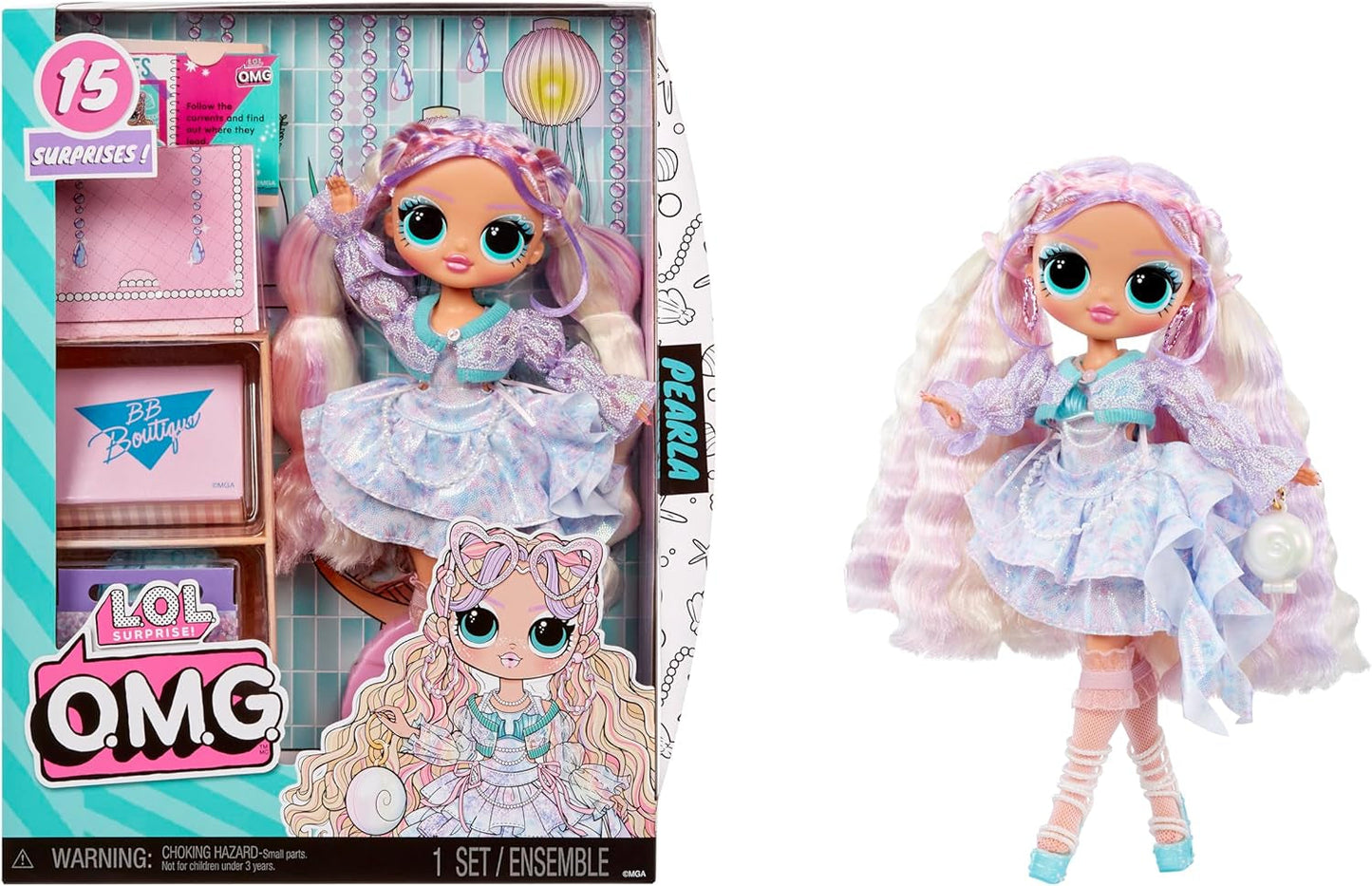 LOL Surprise! Păpușa la modă OMG Pearla cu 15 surprize - Păpușă cu ținută și accesorii în stil sirenă - Pentru copii cu vârsta de 4 ani și peste