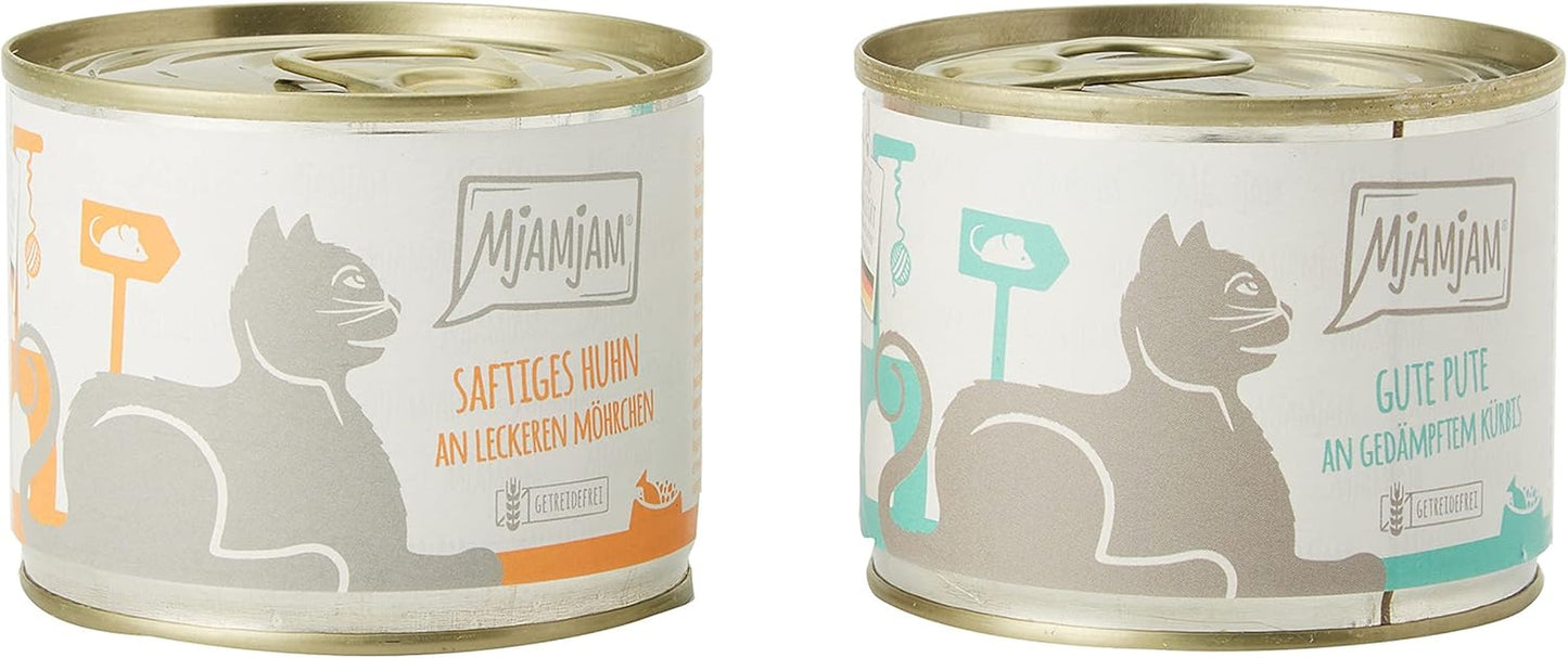 MjAMjAM - Hrană umedă premium pentru pisici - Monopack I - cu pui și curcan, pachet de 6 (6 x 200 g), fără cereale cu carne suplimentară