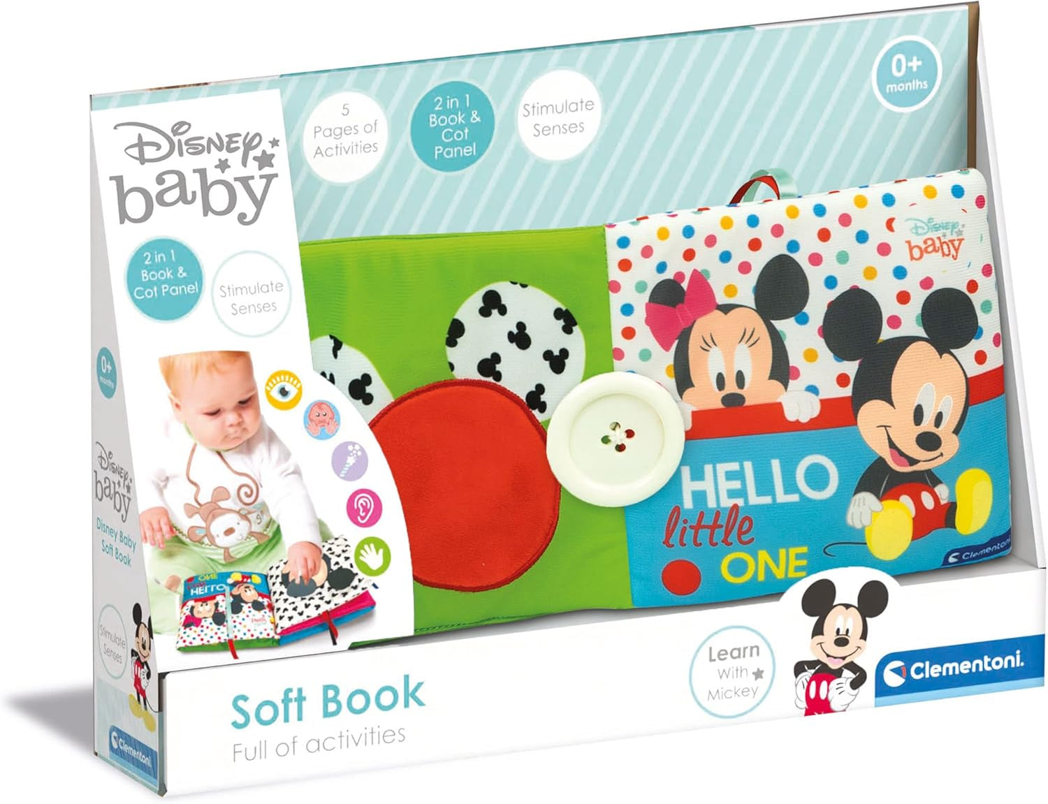 Clementoni 17721 Disney Baby - Carte din țesătură, jucărie versatilă pentru copii pentru călătorii, carte ilustrată cu elemente crepitante și scârțâitoare, pentru nou-născuți de la 0 luni Jucarii Bebe Naty Shop