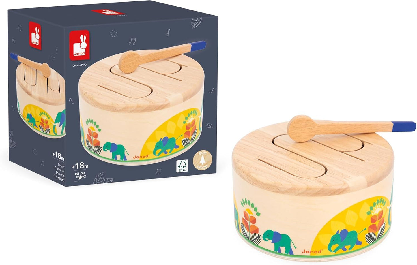 Janod - Tobă Gioia - Tobă din lemn FSC + tobă - Joc de rol și educație muzicală timpurie - Acuarelă - De la 18 luni, J07650 Jucarii Bebe Naty Shop