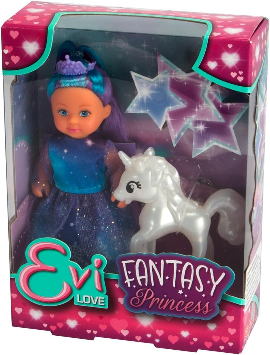 Simba Evi Prințesa Fantezie a Dragostei, păpușă într-o rochie de basm cu un unicorn strălucitor, păpușă de joacă de 12 cm, vârste 3+