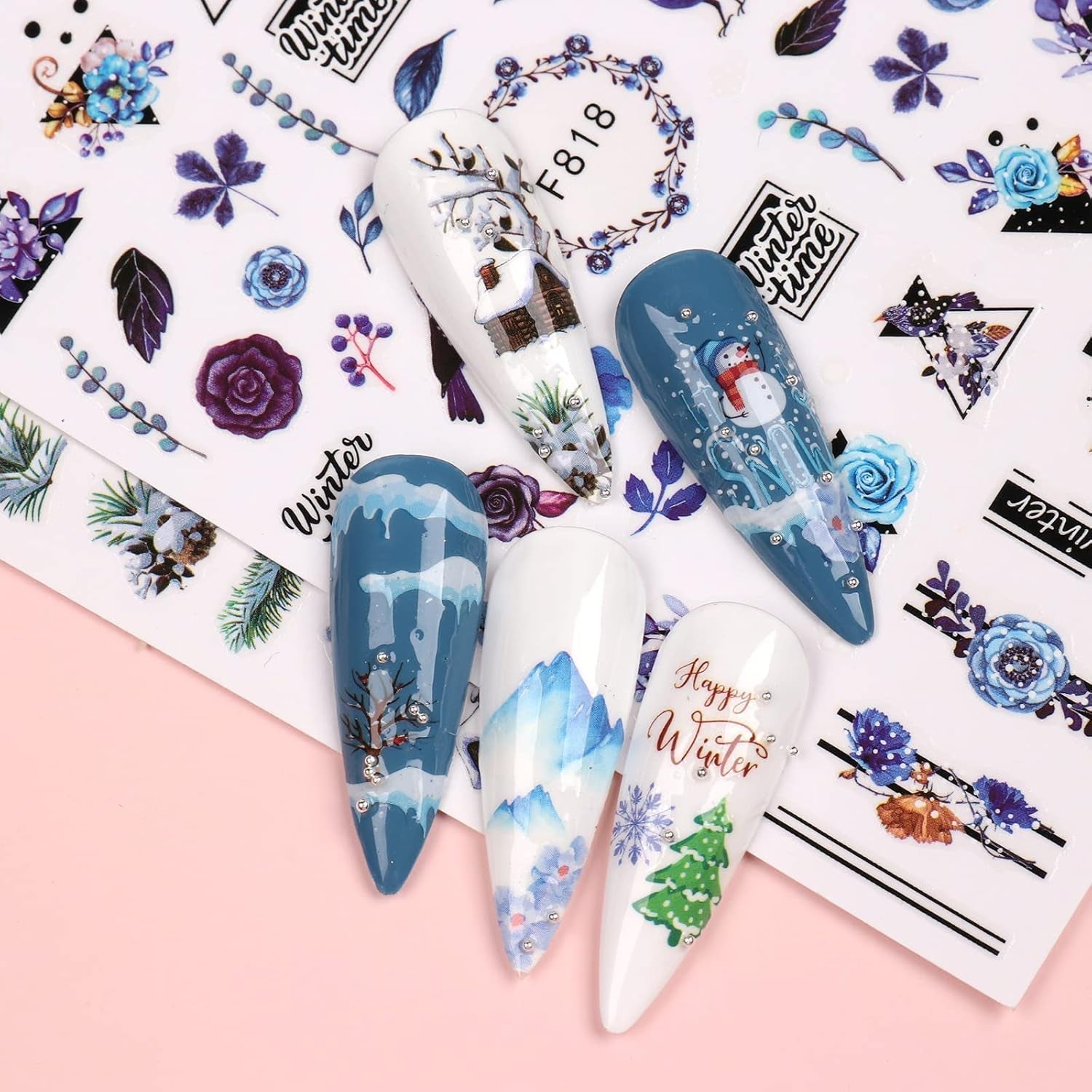 10 Blatt Nagelsticker Weihnachten Nagelaufkleber Selbstklebend Bule White Pine Tree Rentier Nail Art Sticker Dekoration Nageldesign Zubehör