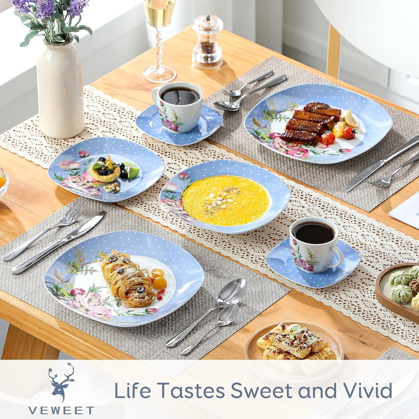 Set de veselă combinat din porțelan VEWEET, set de veselă de 30 de piese pentru 4-12 persoane, seria „Hannah”, format din farfurii de cină, farfurii de desert, farfurii de supă, cești de cafea și farfurioare