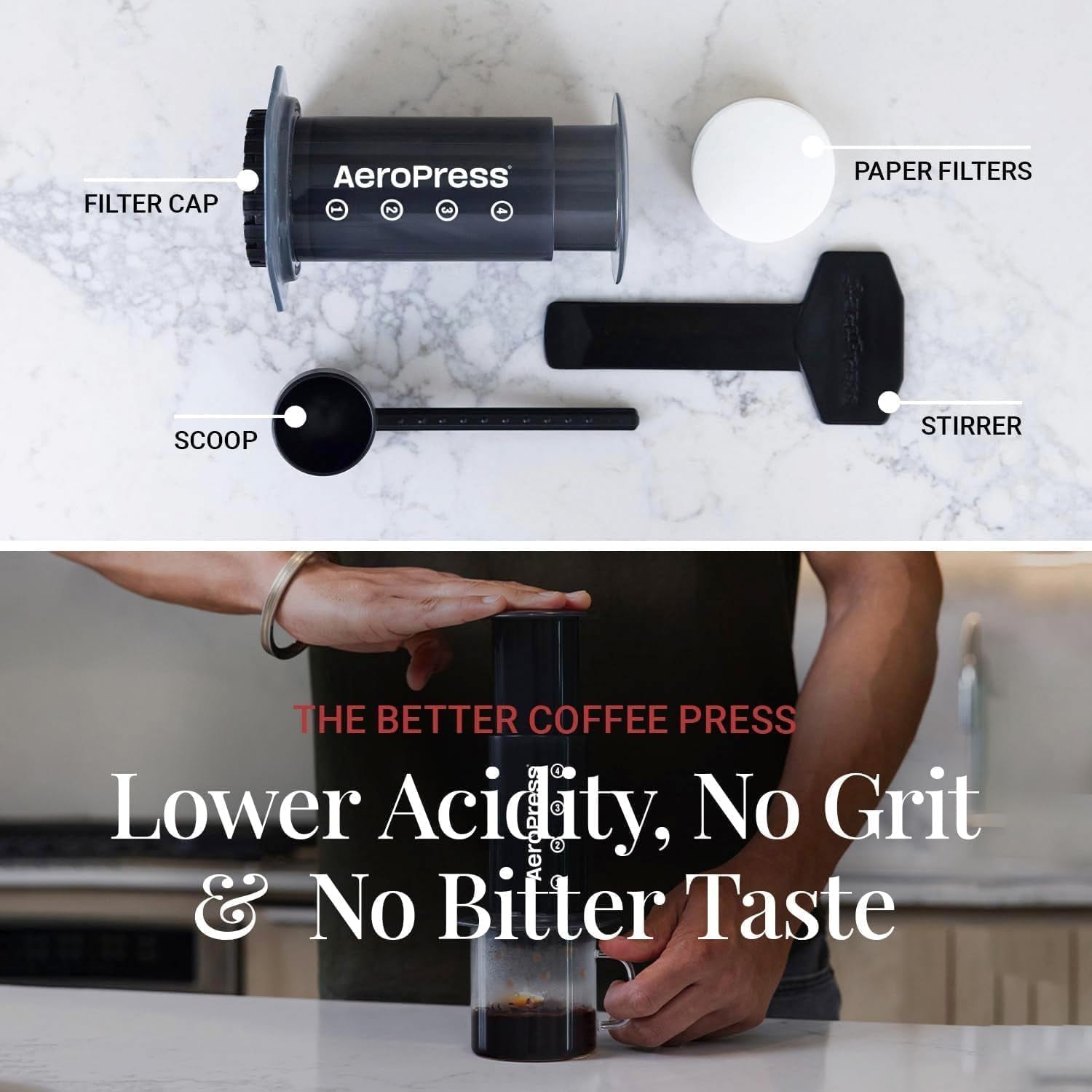 Aparat de cafea și espresso AeroPress Original, aparat de cafea portabil de nivel barista cu cameră, piston și filtre, aparat rapid de cafea și espresso