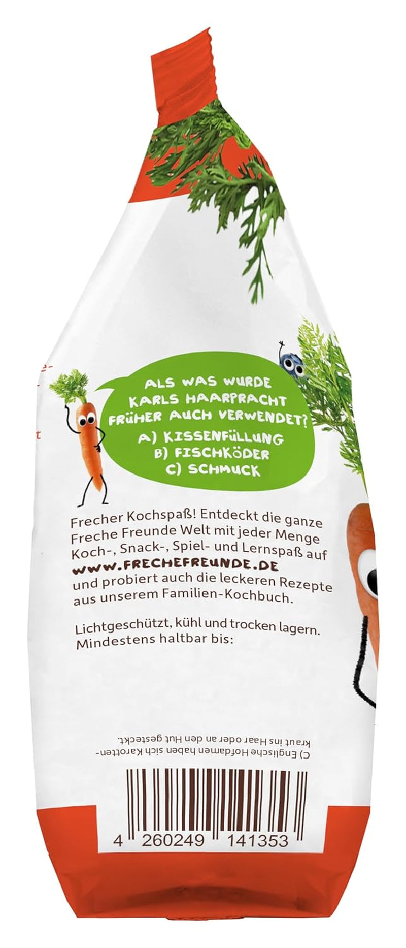 Tăiței vegetali organici Freche Freunde „Morcov”, cu 25% conținut de legume, vegani, pachet de 6 (6 x 300 g)