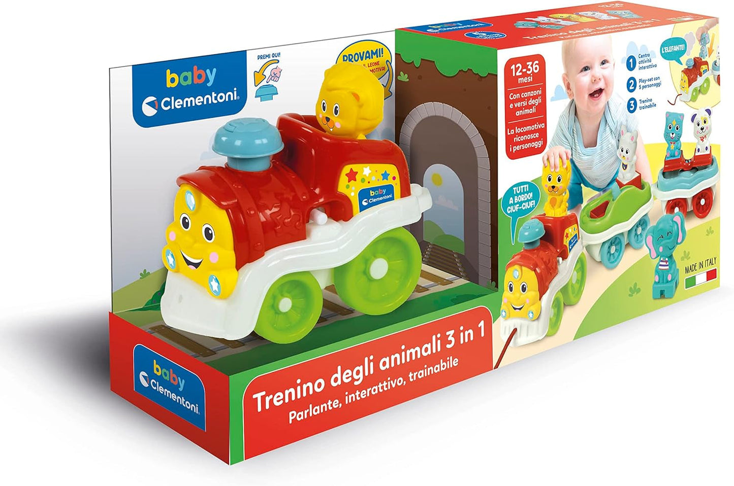 Clementoni Animali-3 Trenuleț electric, vorbitor, interactiv și extensibil, joc pentru copii de 1 an (versiunea italiană), fabricat în Italia, multicolor, 17740 Jucarii Bebe Naty Shop