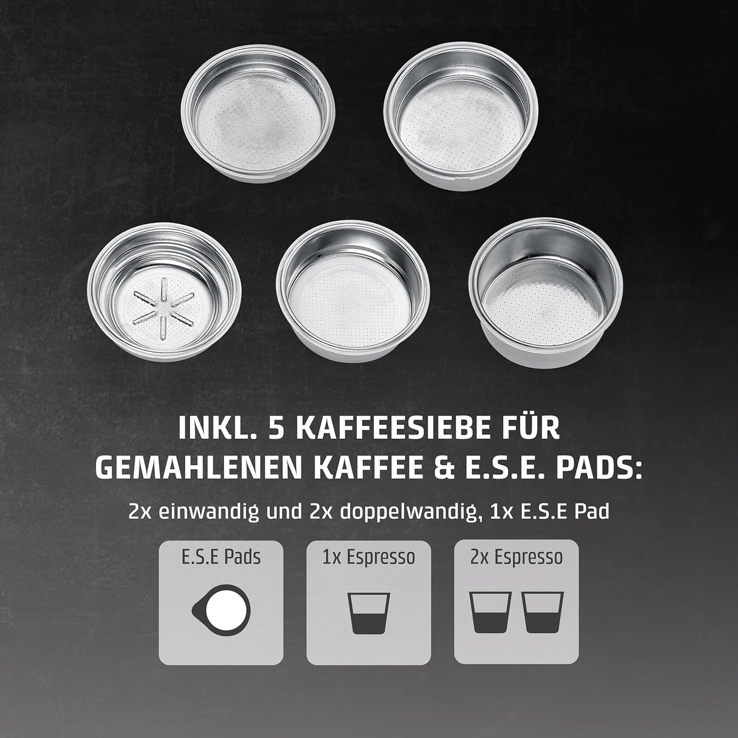 CASO EspressoGourmet Crema - Espressor portafiltru cu spumator de lapte, espresso, cappuccino, portafiltru din oțel inoxidabil, pompă ULKA 20 bar, aparat de cafea, cafea măcinată, capsule ESE
