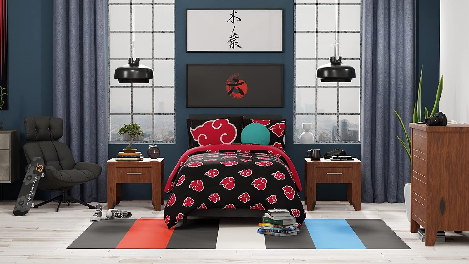 Franco Naruto Anime Akatsuki Pattern Lenjerie de pat moale microfibră Plapumă Queen, (produs oficial Naruto) Plapumi si pilote Naty Shop
