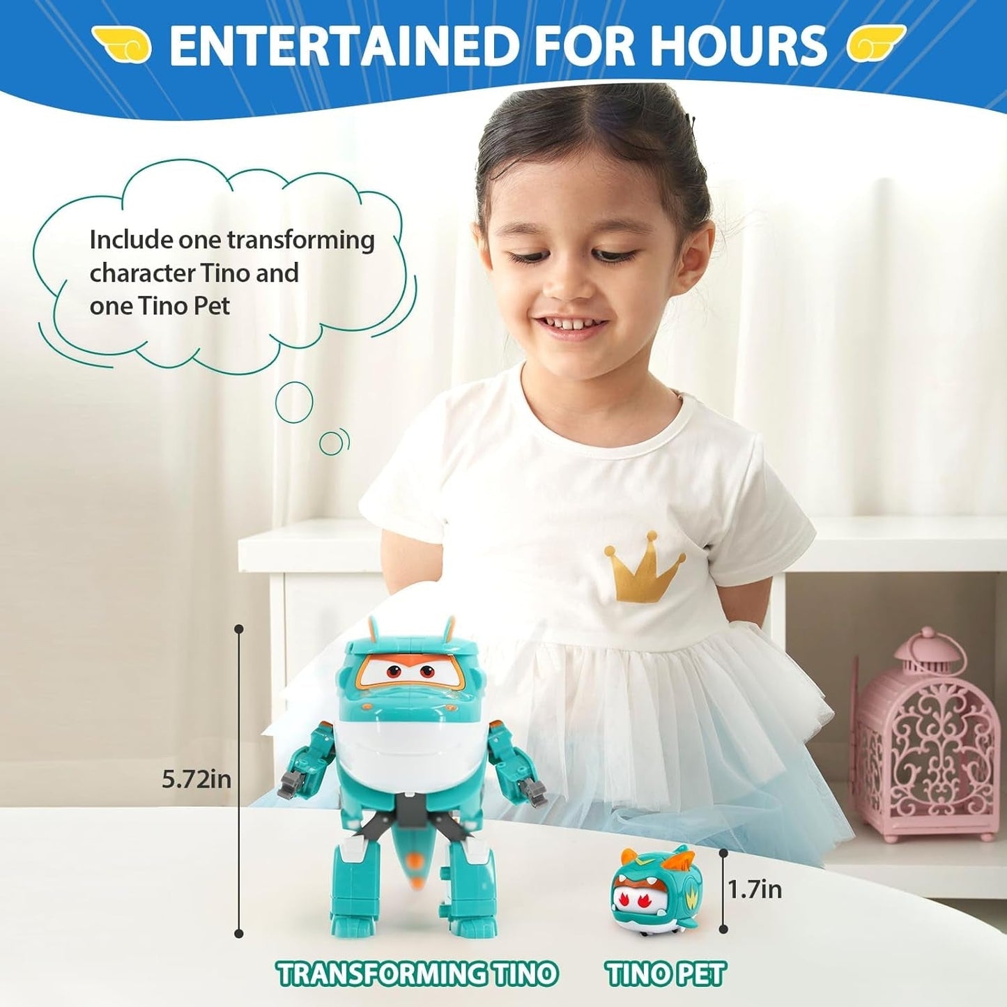 Super Wings EU770447 - Transforming Tino & Pet, figură de joacă transformabilă cu înălțimea de aprox. 14,5 cm și animal de companie cu înălțimea de aprox. 4,3 cm, pentru copii cu vârsta de peste 3 ani Action figures Naty Shop
