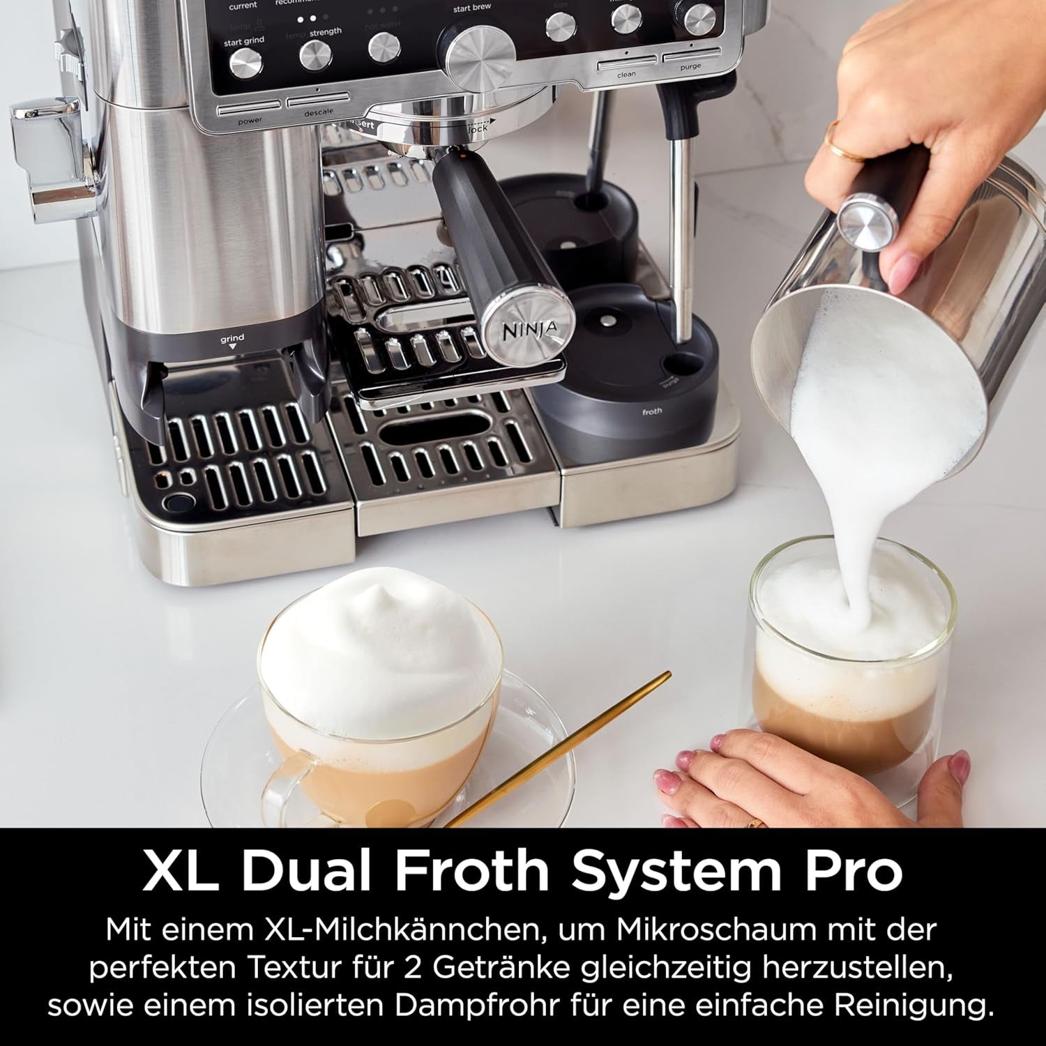 Aparat de cafea Ninja Luxe Pro 3 în 1 cu râșniță și spumator pentru latte, cappuccino, Cold Brew și espresso, ușor de utilizat, 5 presetări pentru spumator, argintiu, ES701EU