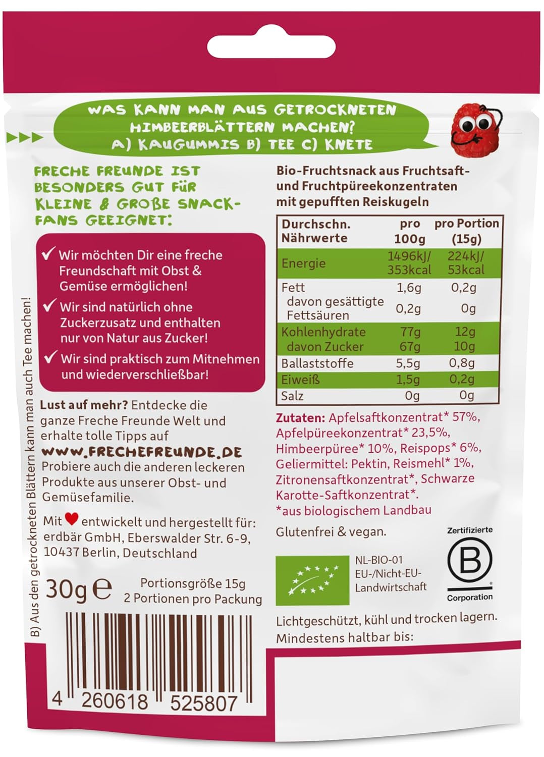 FRECHE FREUNDE Jeleuri organice cu fructe, măr, zmeură și acadele de orez, gustare dulce-fructată pentru copii, fără gluten, vegană, pachet de 20 (20 x 30g)